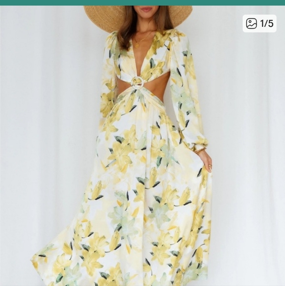 Floral Long Sleeve Cutout Maxi Yellow Hello Molly Dress Size L